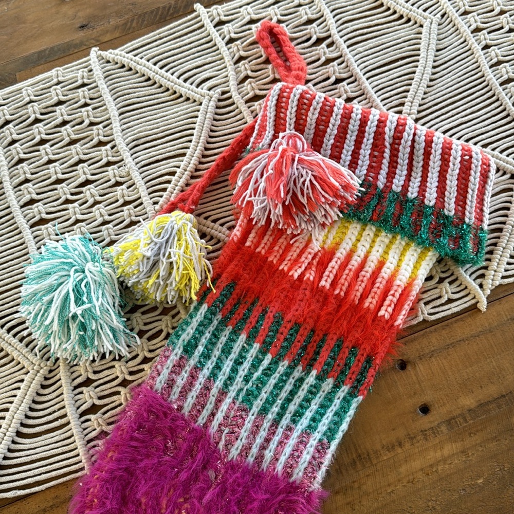 Anthropologie knit Pom Pom Christmas  stocking - Picture 7 of 7